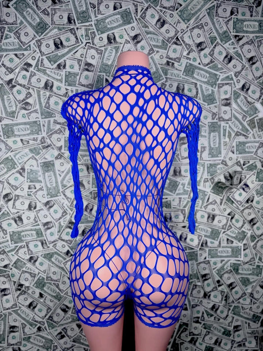 Blue Rhinestone Fishnet 3-Piece Set