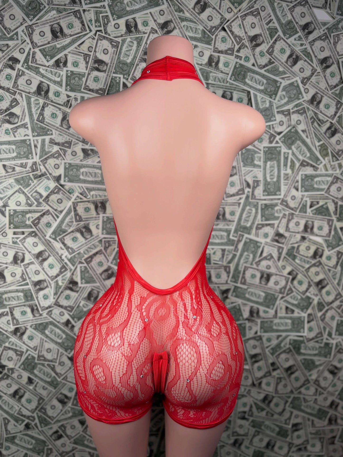 Red Lace-Up Rhinestone Fishnet Romper