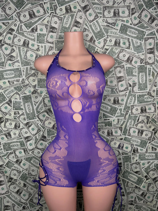 Purple Cutout Fishnet Romper