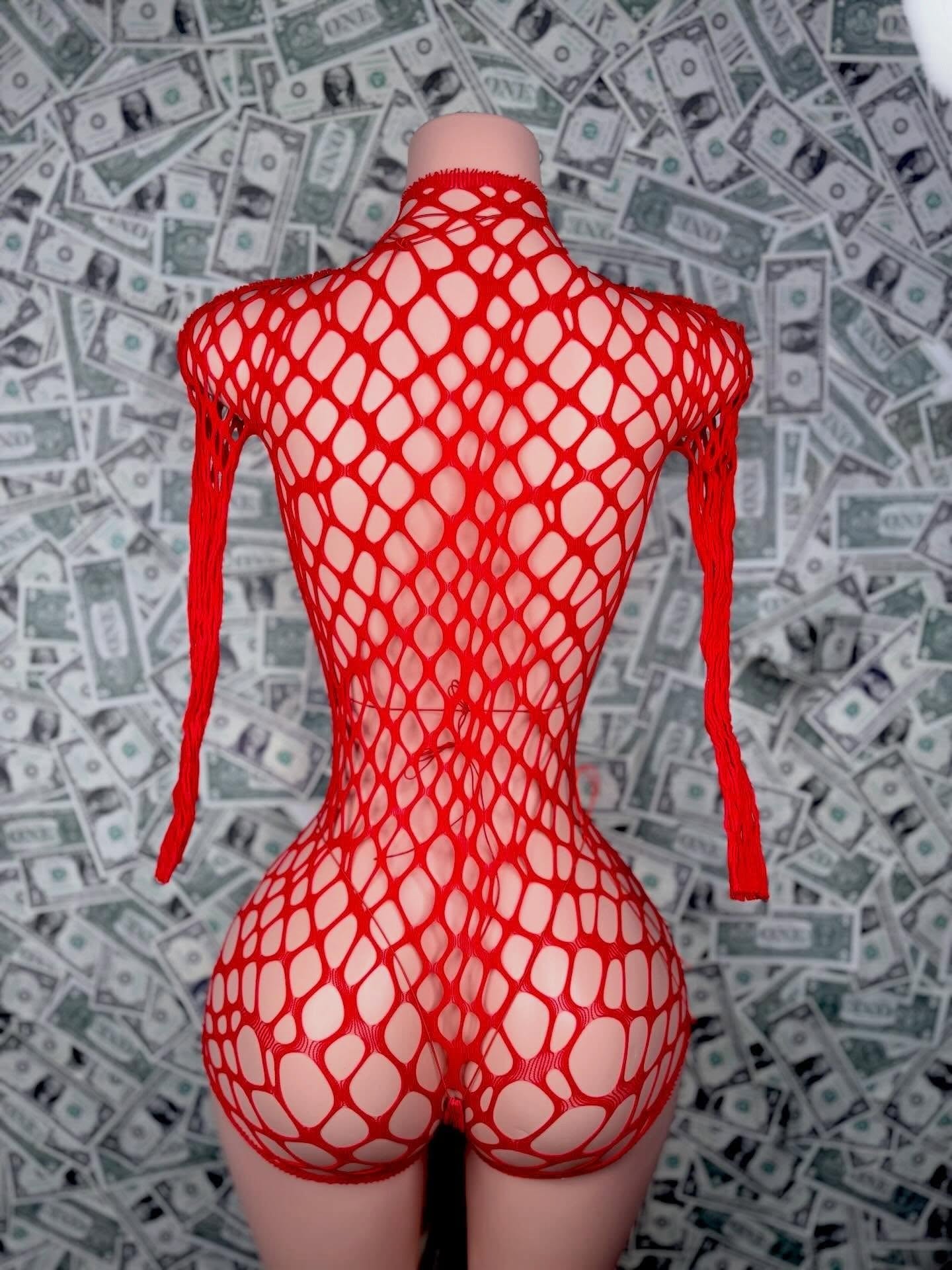 Red Rhinestone Fishnet 3-Piece Set