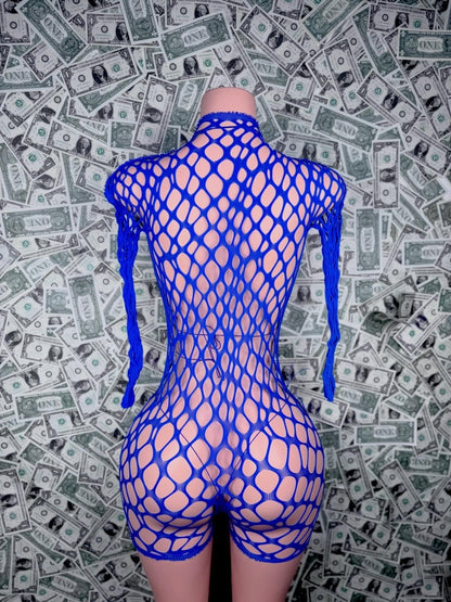 Blue Rhinestone Fishnet 3-Piece Set