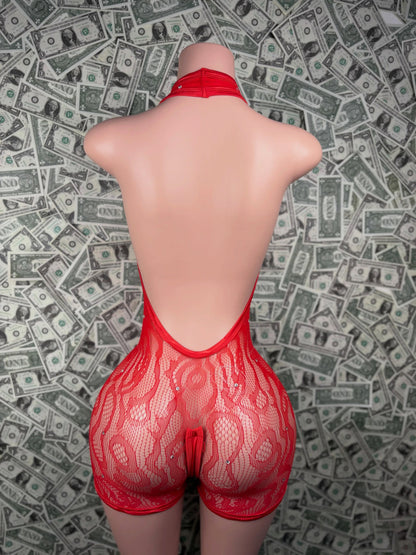 Red Lace-Up Rhinestone Fishnet Romper