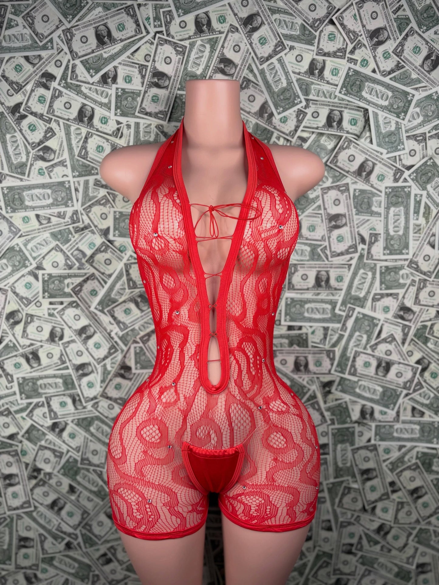 Red Lace-Up Rhinestone Fishnet Romper