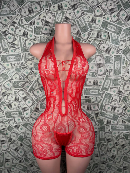 Red Lace-Up Rhinestone Fishnet Romper