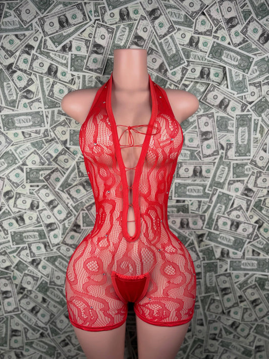 Red Lace-Up Rhinestone Fishnet Romper