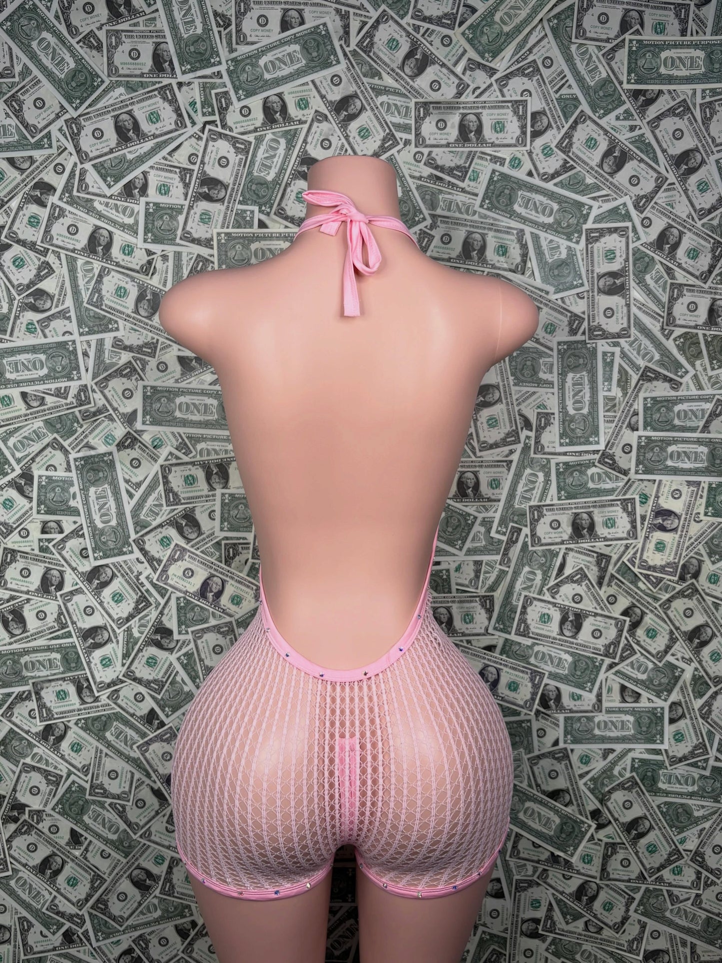 Pink Lace-Up Rhinestone Fishnet Romper