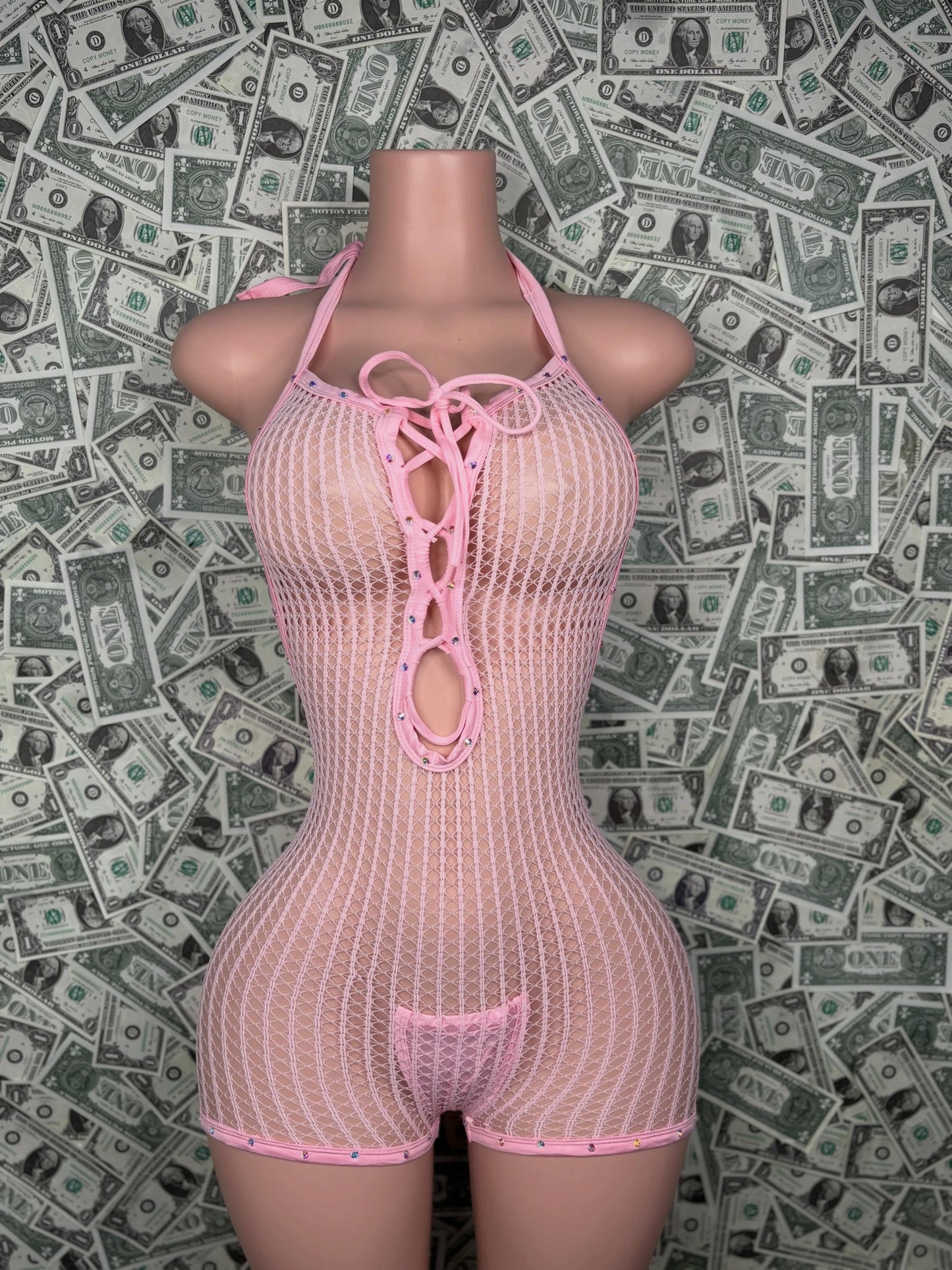 Pink Lace-Up Rhinestone Fishnet Romper