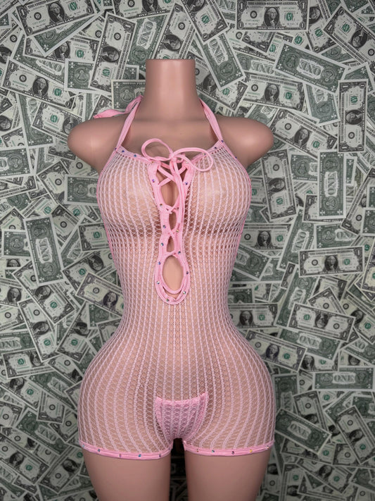 Pink Lace-Up Rhinestone Fishnet Romper