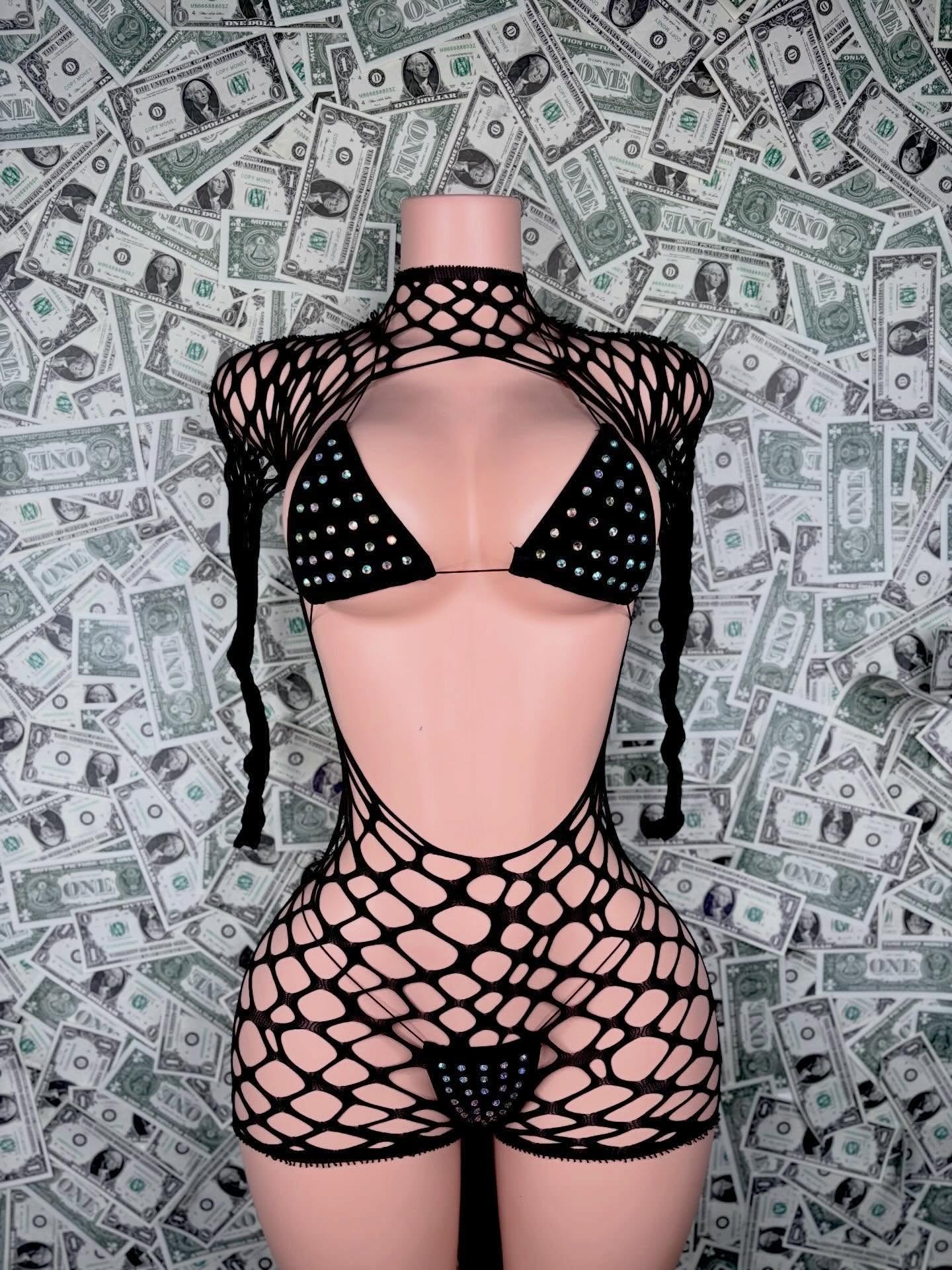 Black Rhinestone Fishnet 3-Piece Set