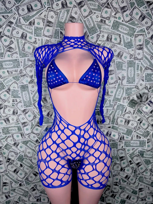 Blue Rhinestone Fishnet 3-Piece Set