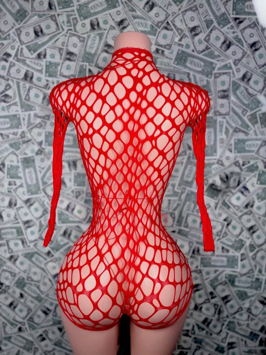 Red Rhinestone Fishnet 3-Piece Set